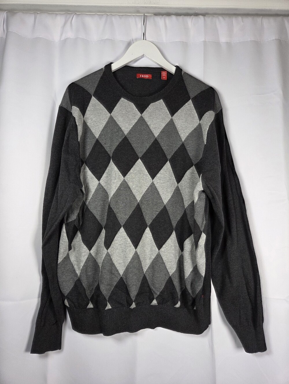Izod Sweater Black Gray 100% Cotton Argyle Diamond Pullover Sweater Men's L